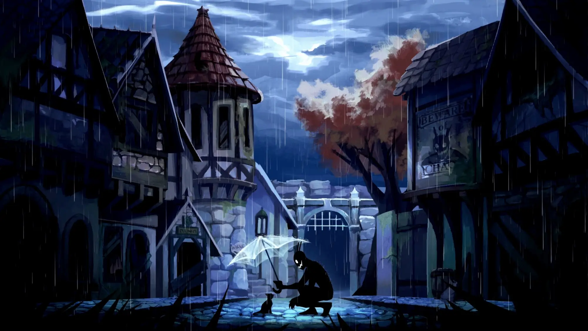 Large dark figure speaking to a smaller figure in the shadows of older town building on a rainy night