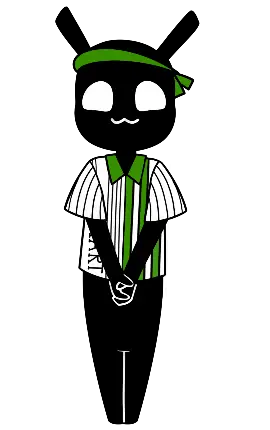 Illustration of an all black character with tall ears on top of her head, wearing a green and white striped shirt with the word "Minimart" down one side
