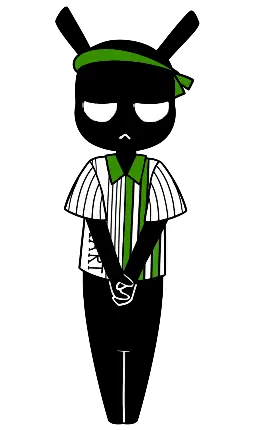 Illustration of an all black character with tall ears on top of her head, wearing a green and white striped shirt with the word "Minimart" down one side