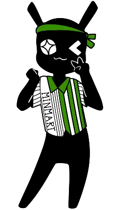Illustration of an all black character with tall ears on top of her head, wearing a green and white striped shirt with the word "Minimart" down one side
