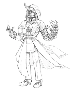 Line sketch of a figure with a long coat wearing a face mask and metal gloves with long claws