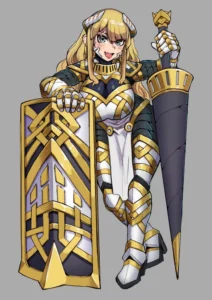 Illustration of a blond woman wearing silver and gold armor holding a large sword and leaning on a large sheild